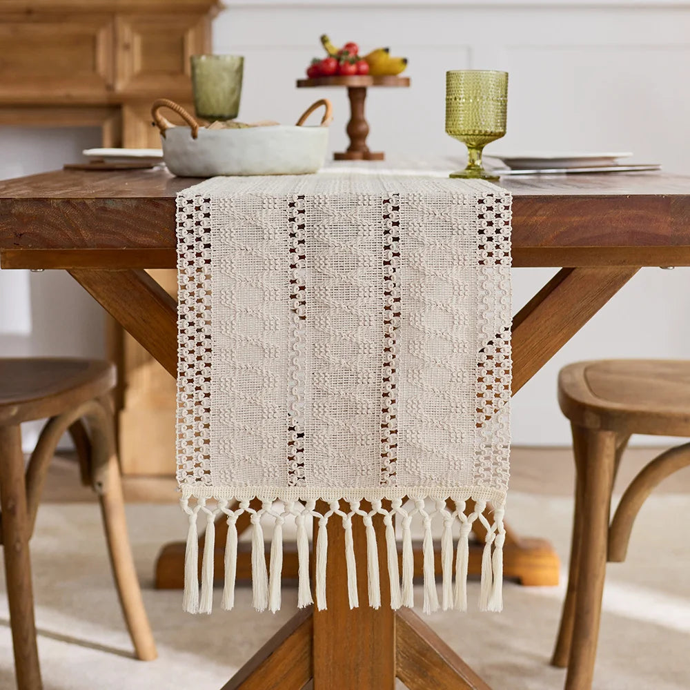Boho Table Runner with Tassels for Kitchen & Dining Table | Beige Woven Farmhouse Table Runner | Rustic Table Decor, 9 Sizes 30x50cm to 30x300cm