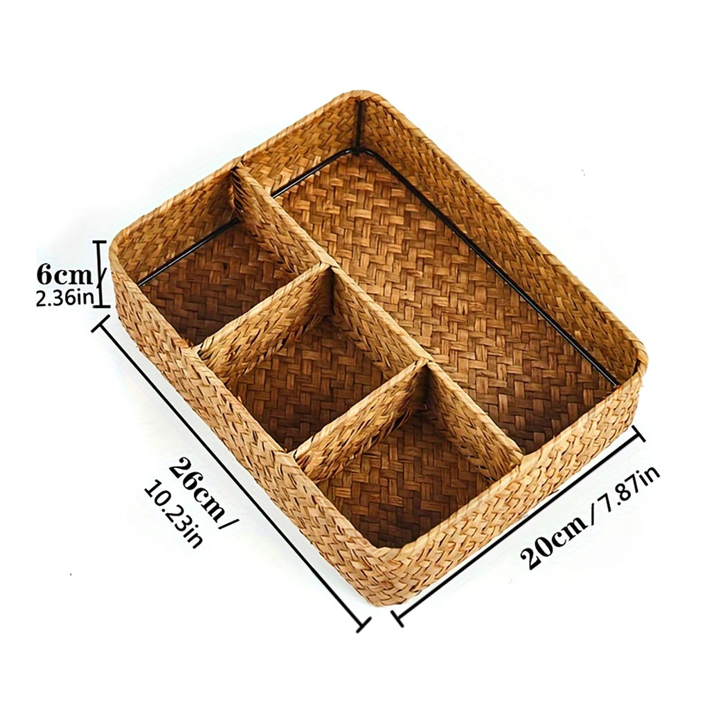Seagrass Storage Basket with 4 Compartments for Desk, Vanity & Bathroom Counter | Handwoven Wicker Organiser | Eco-Friendly Storage
