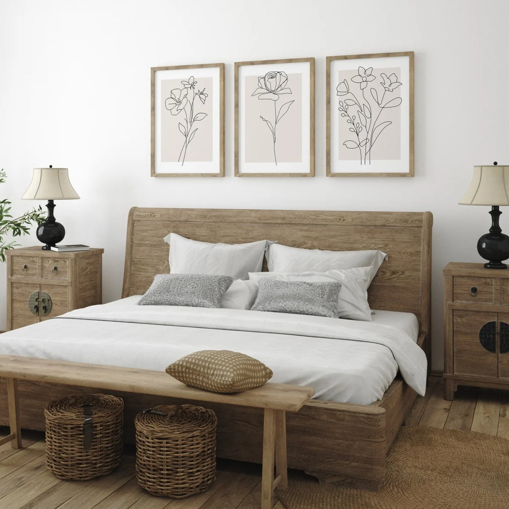 Botanical Line Art Canvas Prints for Living Room & Bedroom | Neutral Beige Minimalist Wall Art | Unframed Single or Set of 3, 20x30 to 50x70cm