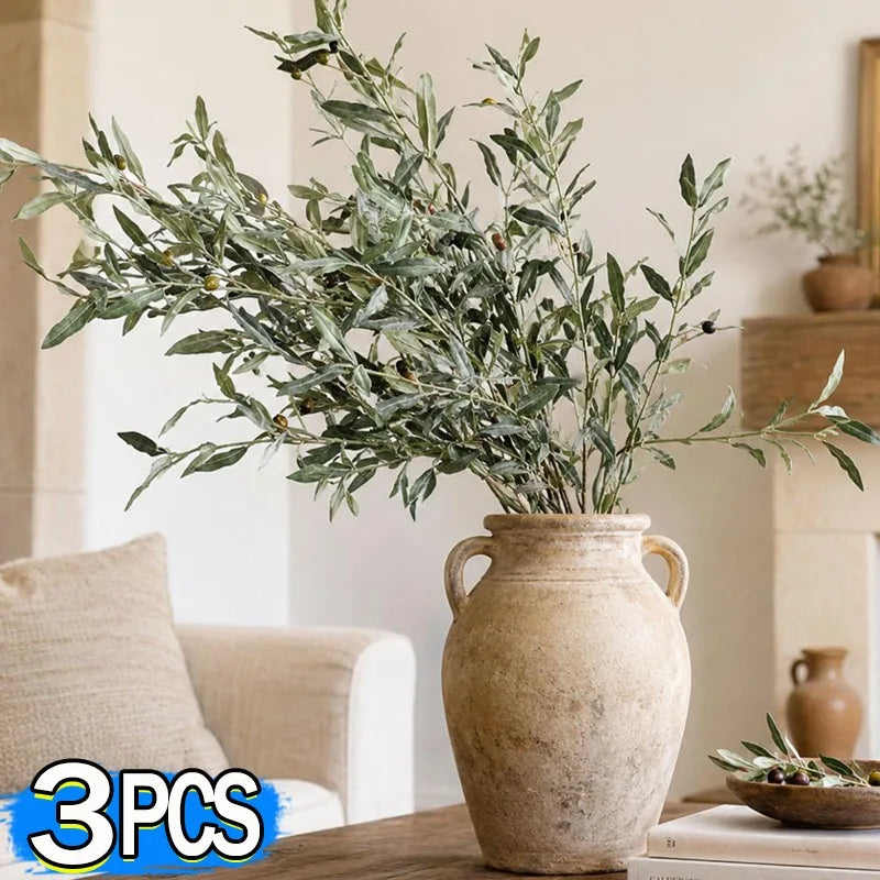 Silk Artificial Olive Branch with Fruit for Tall Vases | 113cm Bendable Faux Greenery Stem | Home & Wedding Decor, Single or 3-Pack