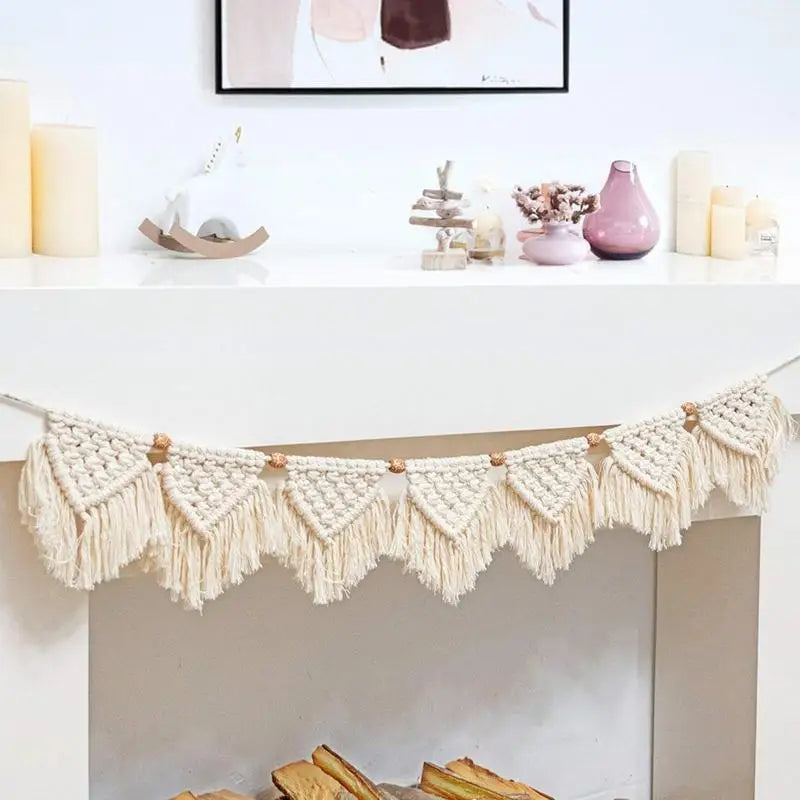 Macrame Garland Wall Hanging | Hand-Woven Boho Tapestry Banner with Wood Beads, Beige Wall Art Decor for Apartment, Bedroom & Nursery