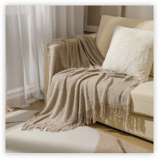 Chunky Knit Throw Blanket with Tassels for Sofa & Bed | Boho Cozy Bedroom Decor | Soft Textured Knit Blanket | 12 Colours