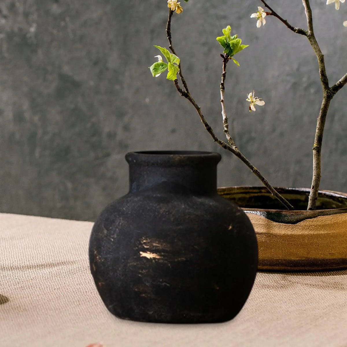 Rustic Ceramic Vase for Living Room, Mantel & Office | Wabi-Sabi Farmhouse Flower Vase | Textured Pottery Centrepiece in Black or Rust