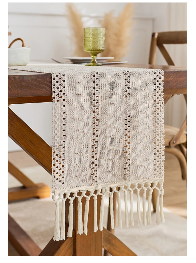 Boho Table Runner with Tassels for Kitchen & Dining Table | Beige Woven Farmhouse Table Runner | Rustic Table Decor, 9 Sizes 30x50cm to 30x300cm