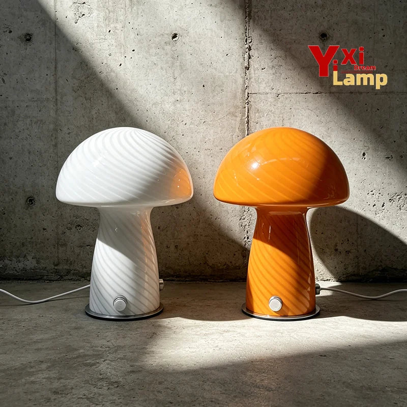 Murano-Style Glass Mushroom Lamp for Bedside & Living Room | Mid-Century Retro Table Lamp | Dimmable Plug-in LED, Swirl or Solid Designs