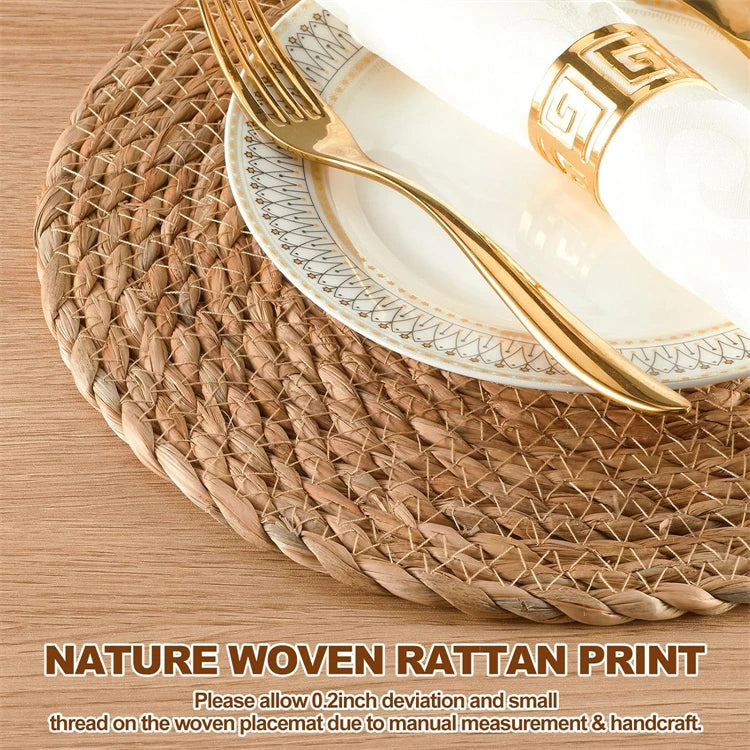 Round Woven Placemats for Dining Table | Natural Straw & Water Hyacinth-Style Boho Place Mats | Farmhouse Table Decor, 30–38cm