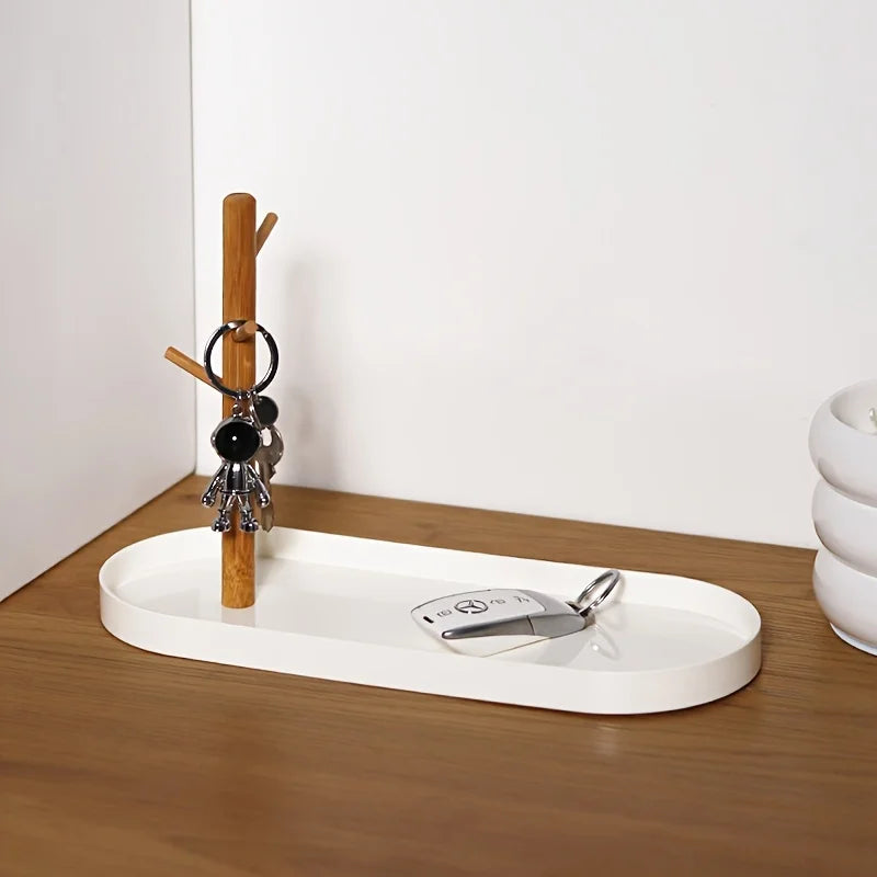 Entryway Key Tray with 3-Tier Wooden Hanging Rack | Key Bowl, Ring Holder & Jewellery Dish Organiser | Minimalist White or Black