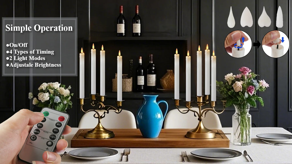 Rechargeable Flameless LED Taper Candles for Dining Table, Mantel & Window | Remote Control with Timer | Flickering Candle Set, 6 to 24 Pcs
