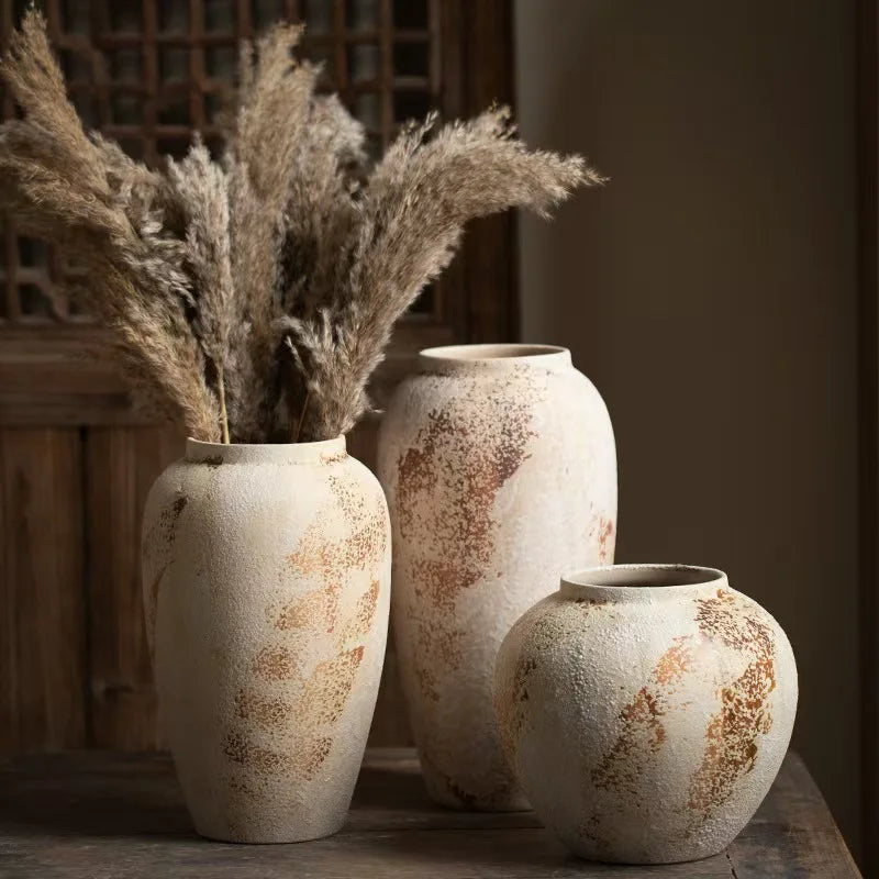 Mottled Ceramic Jar Vase for Entryway, Living Room & TV Cabinet | Wabi-Sabi Antique Pottery Vase | Rustic Floor & Table Decor in S, M, L