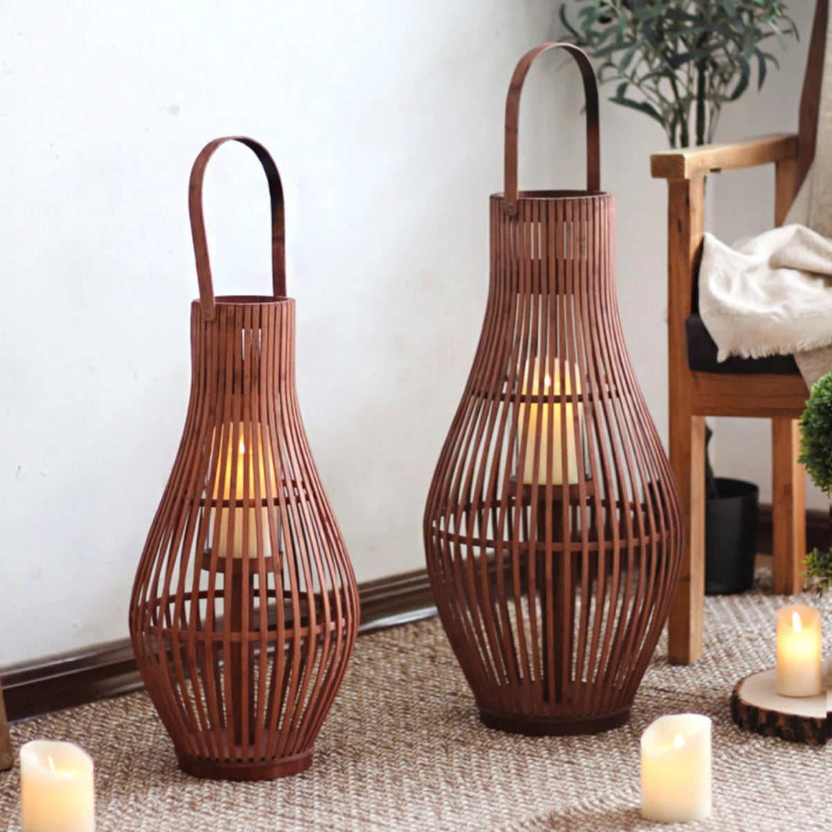 Bamboo Floor Lantern for Patio, Garden & Living Room | Handwoven Boho Lantern with LED Candle | Rustic Decorative Lighting, Small or Large