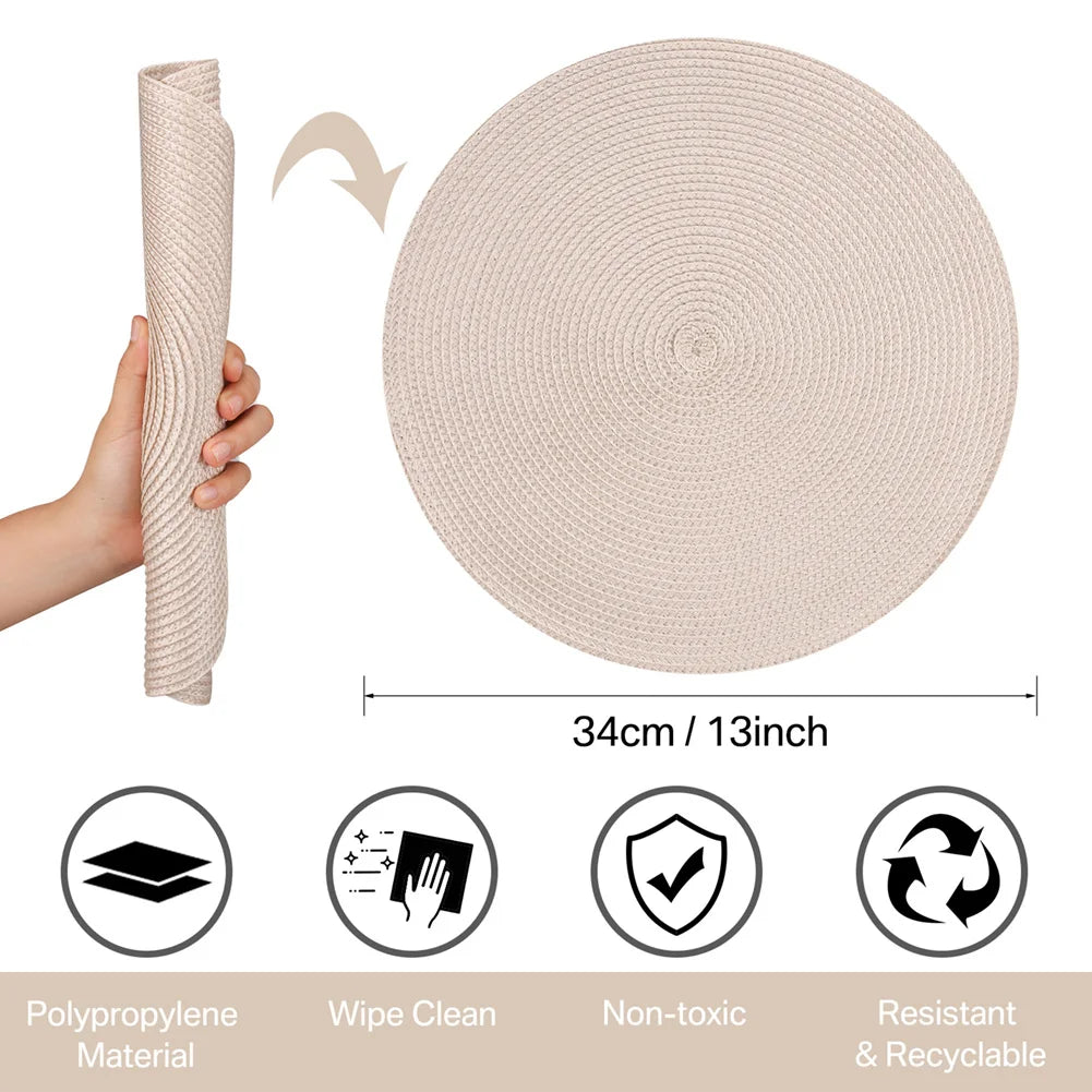 Round Braided Placemats Set of 6 with Coasters for Dining Table | Washable Non-Slip Woven Table Mats | Holiday & Everyday Table Decor, 34cm
