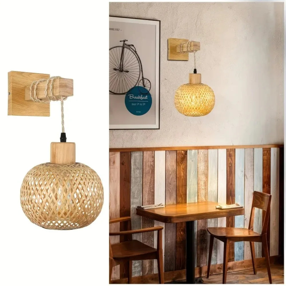 Plug In Wall Sconce for Bedroom & Living Room | Handcrafted Bamboo Rattan Wall Light | Boho Farmhouse Wall Lamp, With or Without Bulb