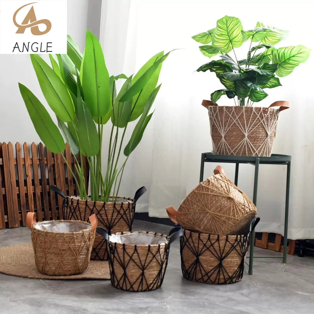 Seagrass Planter Basket with Handles for Indoor Plants & Patio | Natural Woven Plant Pot Cover | Boho Storage Basket, 25cm or 29cm