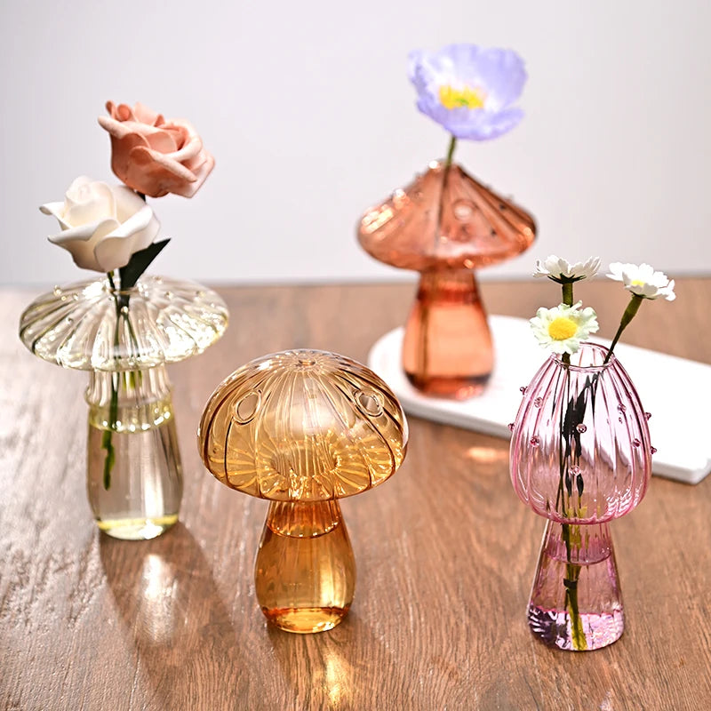 Mushroom Glass Vase for Desk, Shelf & Windowsill | Hydroponic Plant & Bud Vase | Colourful Modern Home Decor Ornament in 12 Colours