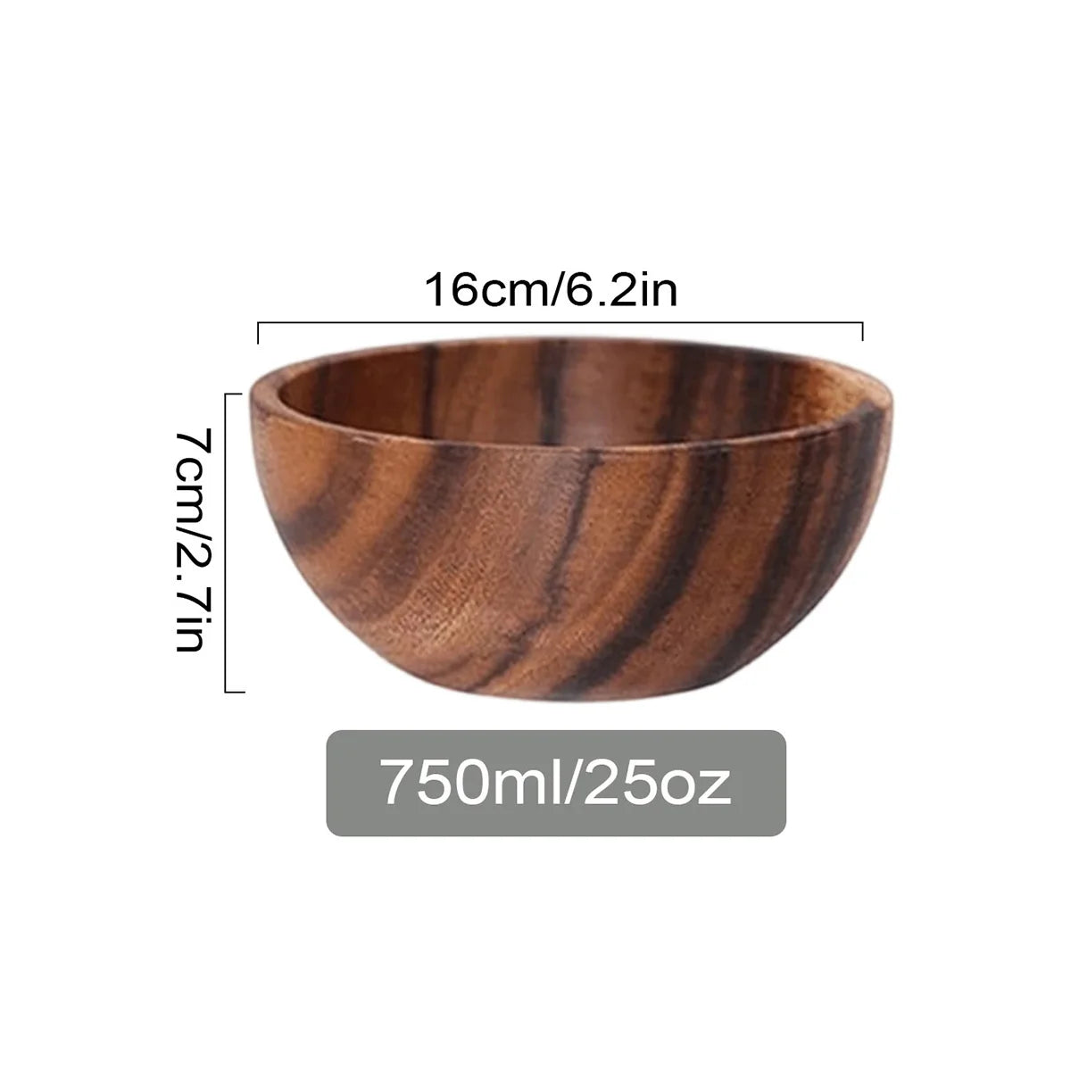 Solid Acacia Wood Serving Bowl for Salads, Snacks & Fruit | One-Piece Hand-Finished Wooden Bowl | Food-Safe Kitchen Tableware, 250ml–1100ml