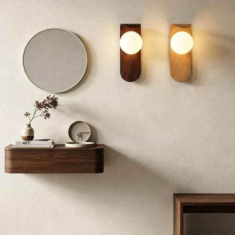 Modern Wall Sconce for Bedroom Bedside, Hallway & Staircase | Walnut Wood-Grain Wall Light | Warm Indoor Lighting in 4 Finishes