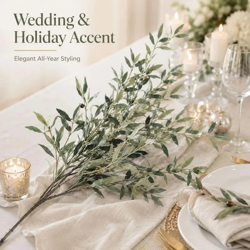 Silk Artificial Olive Branch with Fruit for Tall Vases | 113cm Bendable Faux Greenery Stem | Home & Wedding Decor, Single or 3-Pack