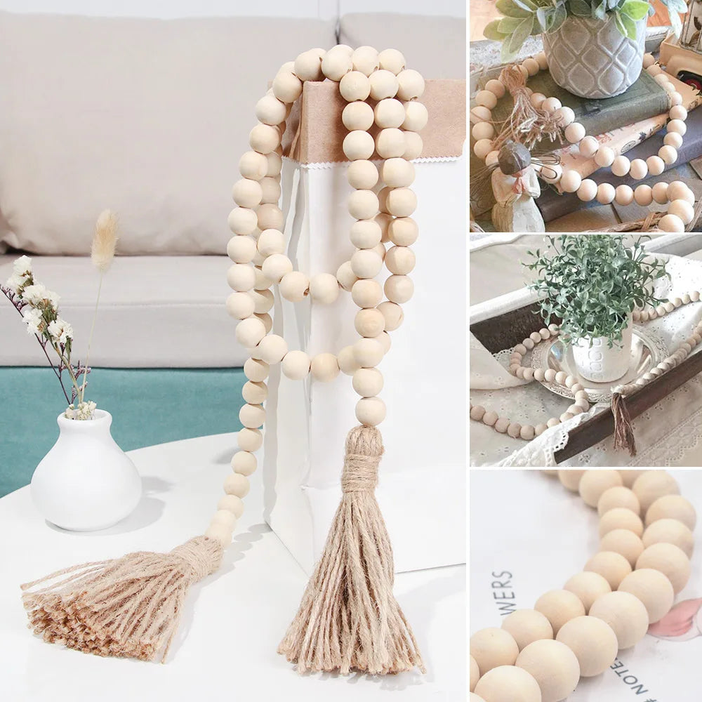 Wood Bead Garland with Jute Tassels for Shelves, Vases & Wall Hanging | Farmhouse Boho Decor | Handmade Natural Wood Beads in 8 Styles