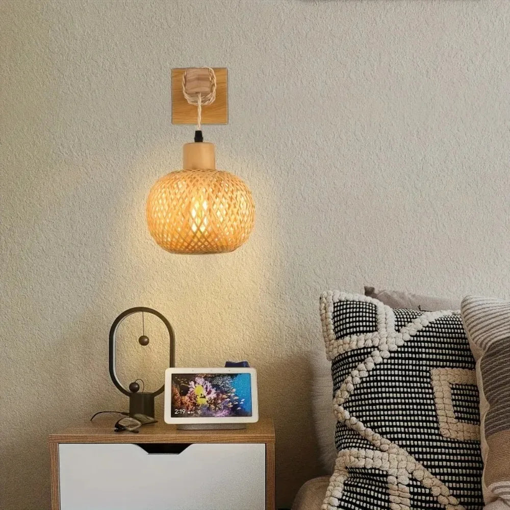 Plug In Wall Sconce for Bedroom & Living Room | Handcrafted Bamboo Rattan Wall Light | Boho Farmhouse Wall Lamp, With or Without Bulb