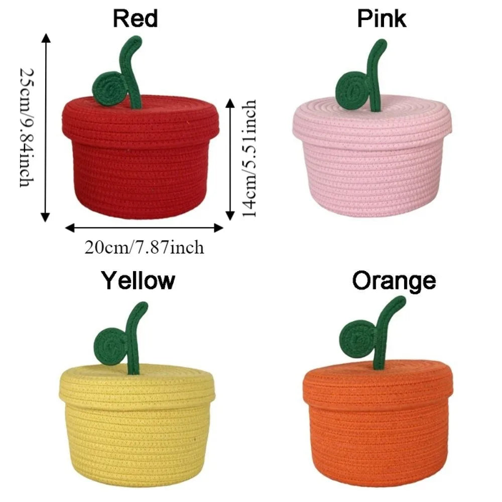 Small Cotton Rope Basket with Lid for Desk, Shelf & Bathroom | Hand-Woven Round Storage Basket | Colourful Lidded Organiser, 20x14cm