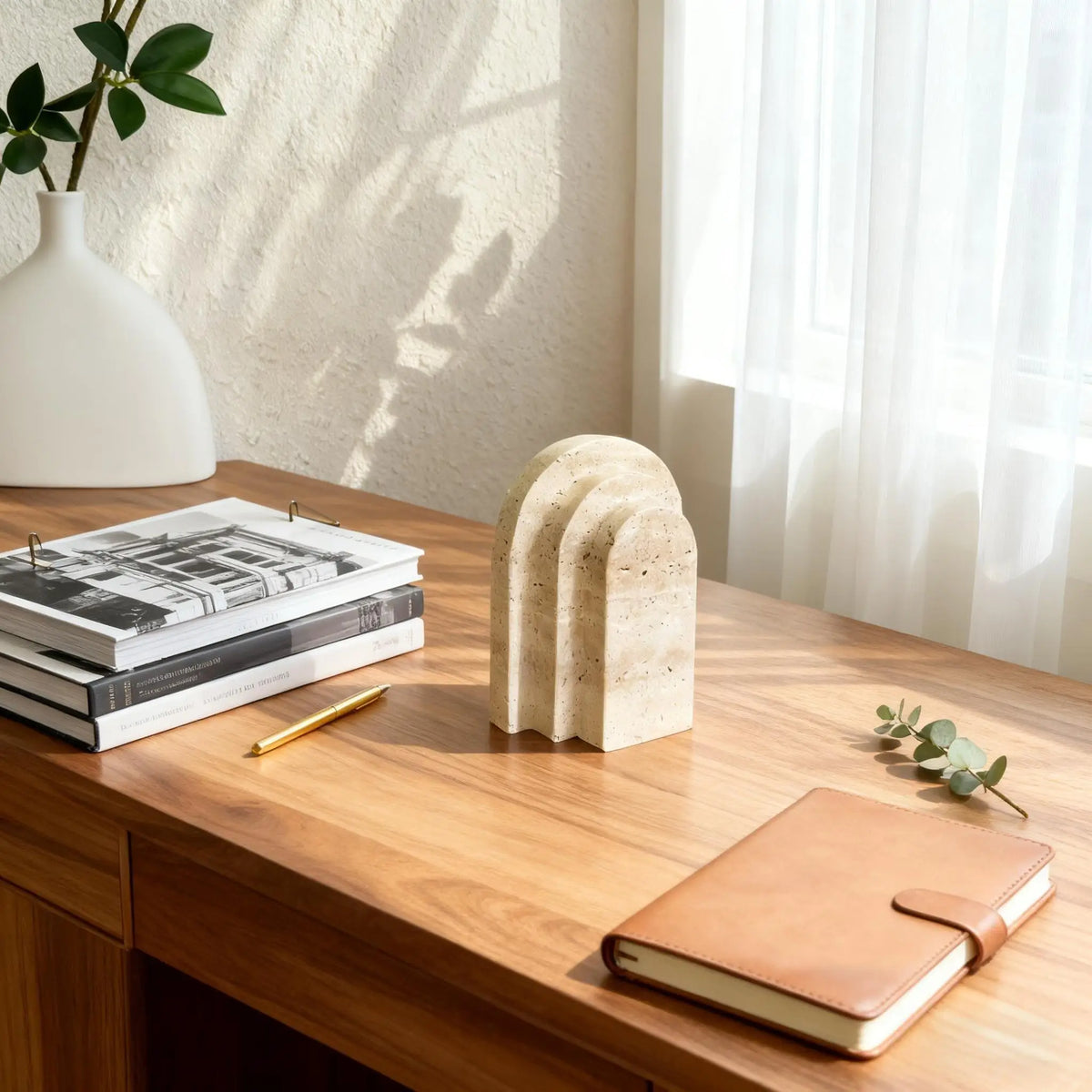 Travertine Marble Bookend for Bookshelf, Desk & Living Room | Natural Stone Book Stopper | Modern Minimalist Office Decor, 1 Piece
