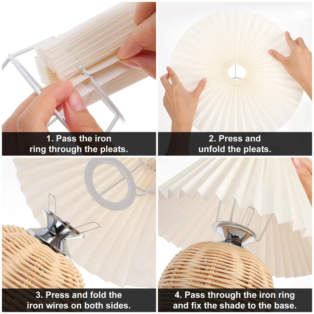 Rattan Table Lamp for Bedroom Nightstand & Reading Corner | Hand-Woven Base with Pleated Umbrella Shade | Vintage Dimmable Bedside Lamp