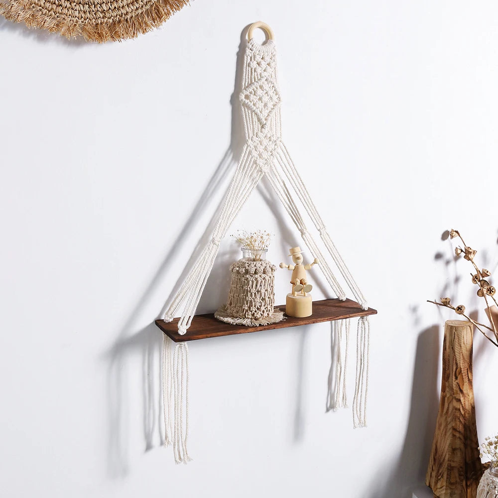 Macrame Hanging Wall Shelf for Bedroom, Bathroom & Living Room | 2-Tier Pine Wood Floating Shelves | Boho Wall Decor, 2 Designs