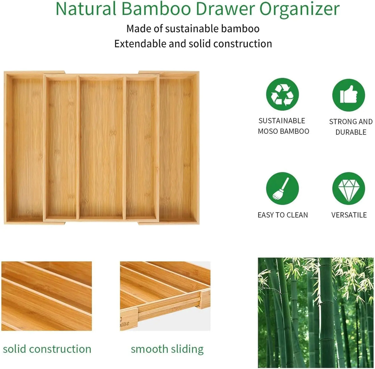 Expandable Bamboo Drawer Organiser for Kitchen Cutlery | Adjustable Utensil Tray & Silverware Divider | Natural Kitchen Storage, 2 Styles