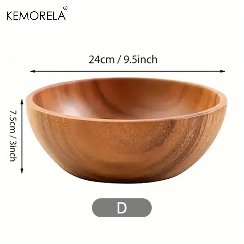 Acacia Wood Salad Bowl for Kitchen & Dining Table | Natural Wooden Serving Bowl for Fruit & Snacks | Heat-Insulating Tableware, 4 Styles
