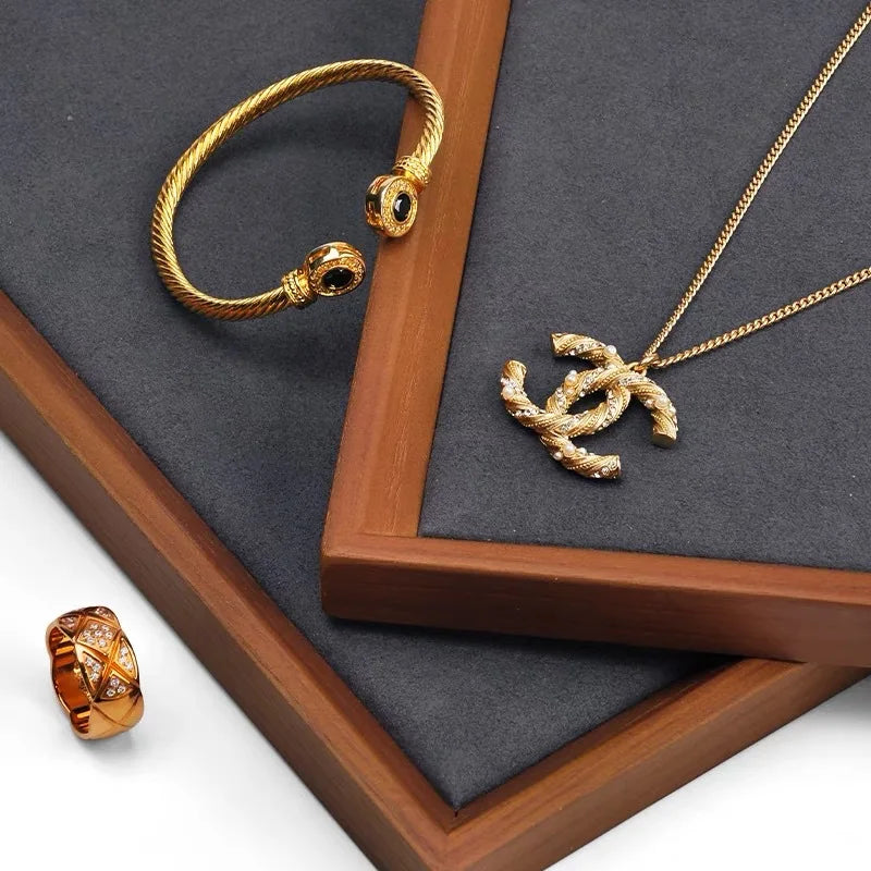 Velvet-Lined Wooden Jewellery Tray for Dresser & Vanity | Rectangular Ring, Earring & Bracelet Organiser | Desktop Storage Dish, 4 Styles