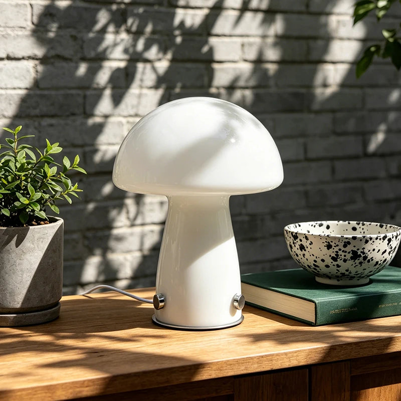 Murano-Style Glass Mushroom Lamp for Bedside & Living Room | Mid-Century Retro Table Lamp | Dimmable Plug-in LED, Swirl or Solid Designs