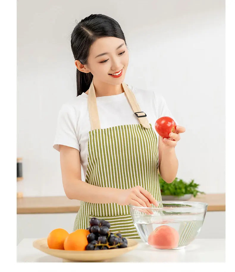 Striped Linen Apron for Kitchen, Baking & Gardening | Japanese Style Cooking Apron with Adjustable Neck Strap | Minimalist Apron in 4 Colours