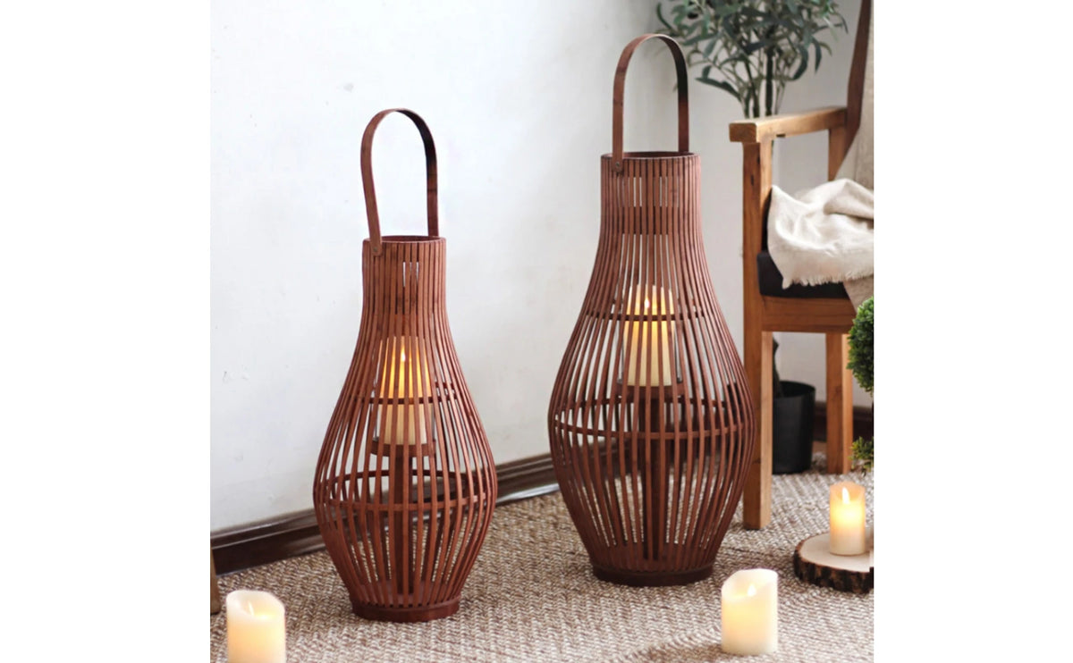 Bamboo Floor Lantern for Patio, Garden & Living Room | Handwoven Boho Lantern with LED Candle | Rustic Decorative Lighting, Small or Large