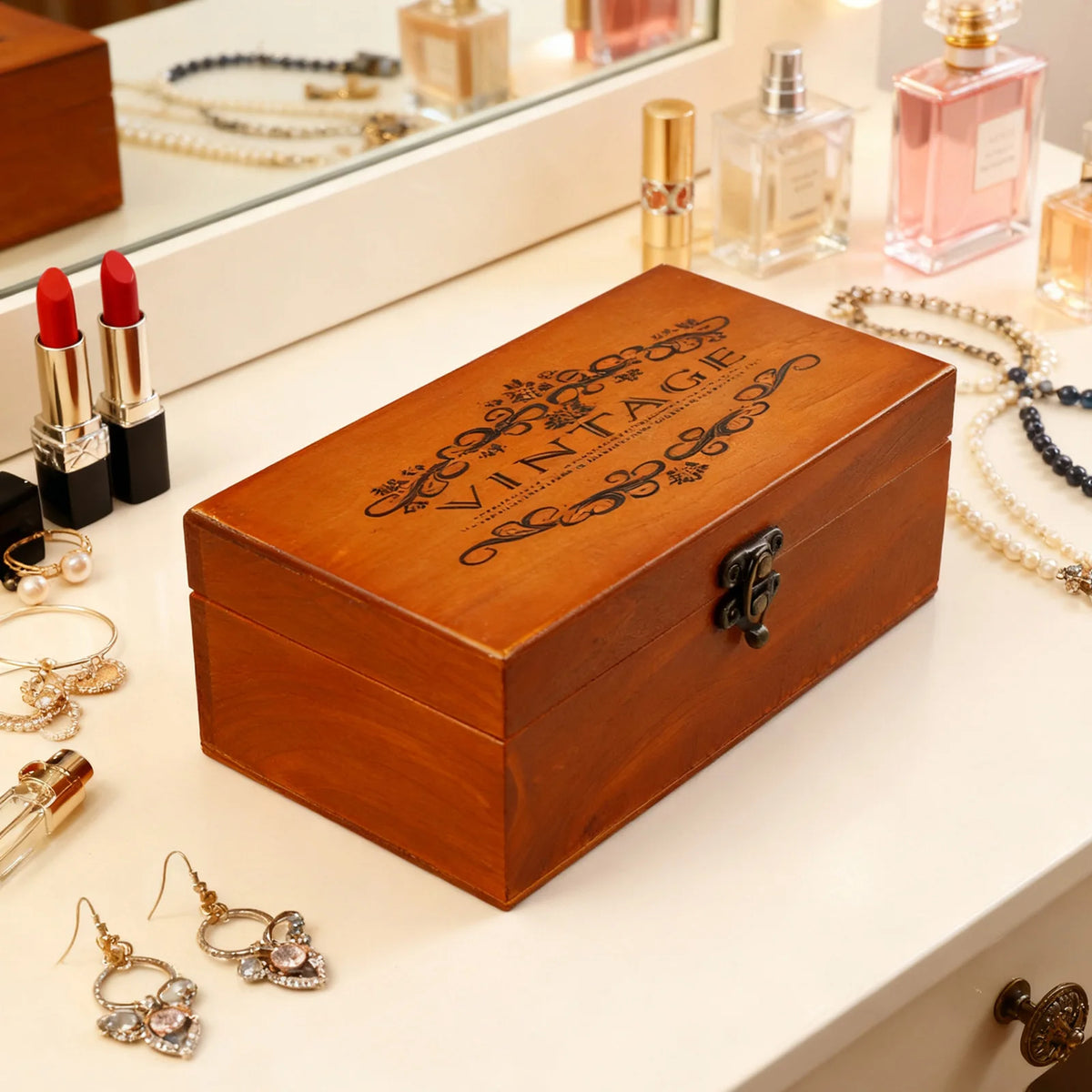 Wooden Storage Box with Lock & Hinged Lid for Home Office & Bedroom | Retro Keepsake Box | Decorative Valuables Case in S, M, L