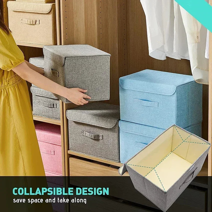 Foldable Cotton Linen Storage Box with Lid for Closet, Nursery & Shelves | Washable Fabric Storage Bin | Toy & Clothes Organiser, 2 Sizes