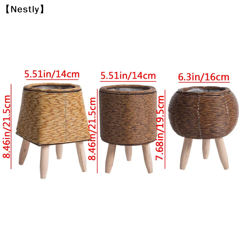 Woven Plant Stand with Removable Wooden Legs for Living Room & Patio | Handmade Rattan-Look Planter Basket | Nordic Plant Pot Holder, 6 Styles