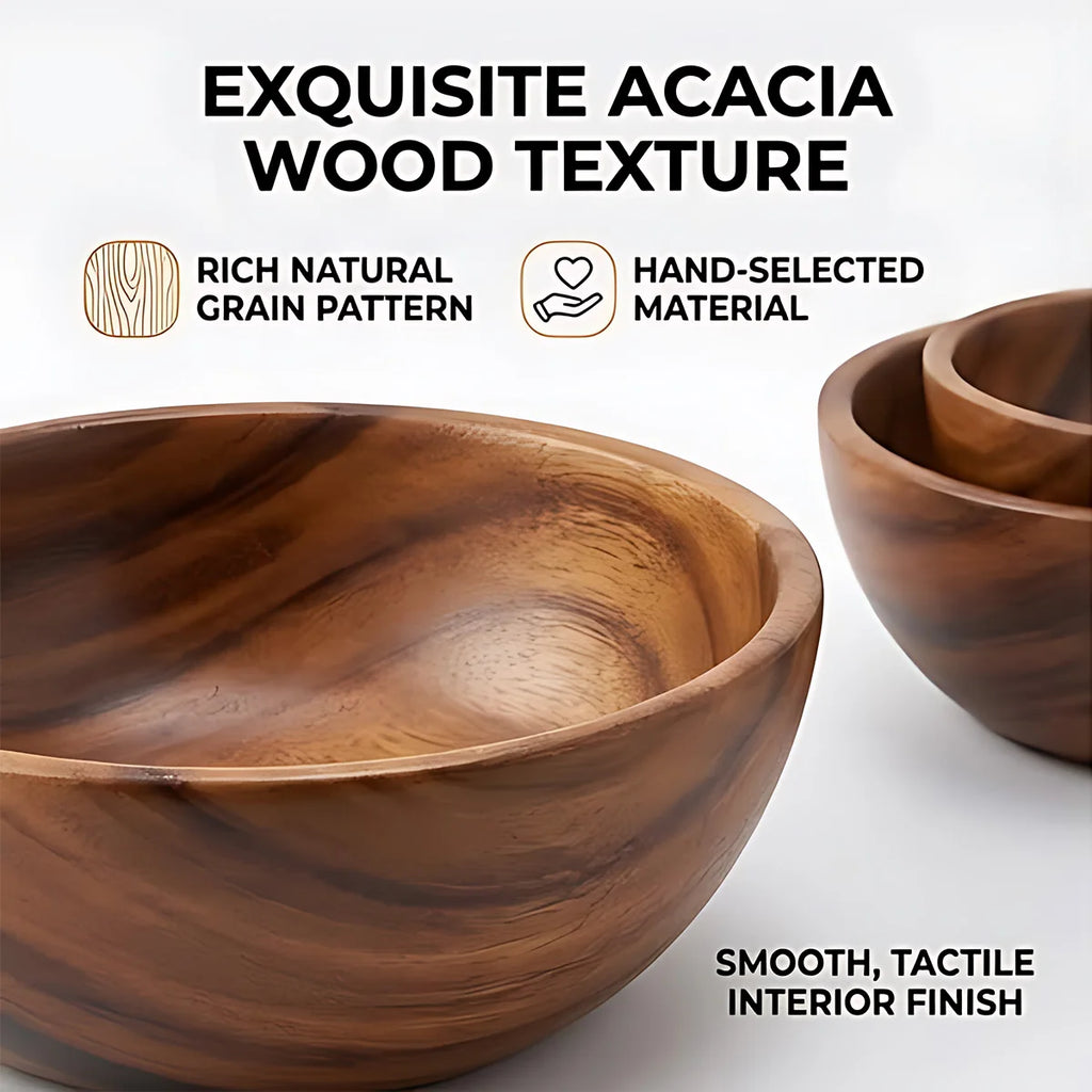 Solid Acacia Wood Serving Bowl for Salads, Snacks & Fruit | One-Piece Hand-Finished Wooden Bowl | Food-Safe Kitchen Tableware, 250ml–1100ml