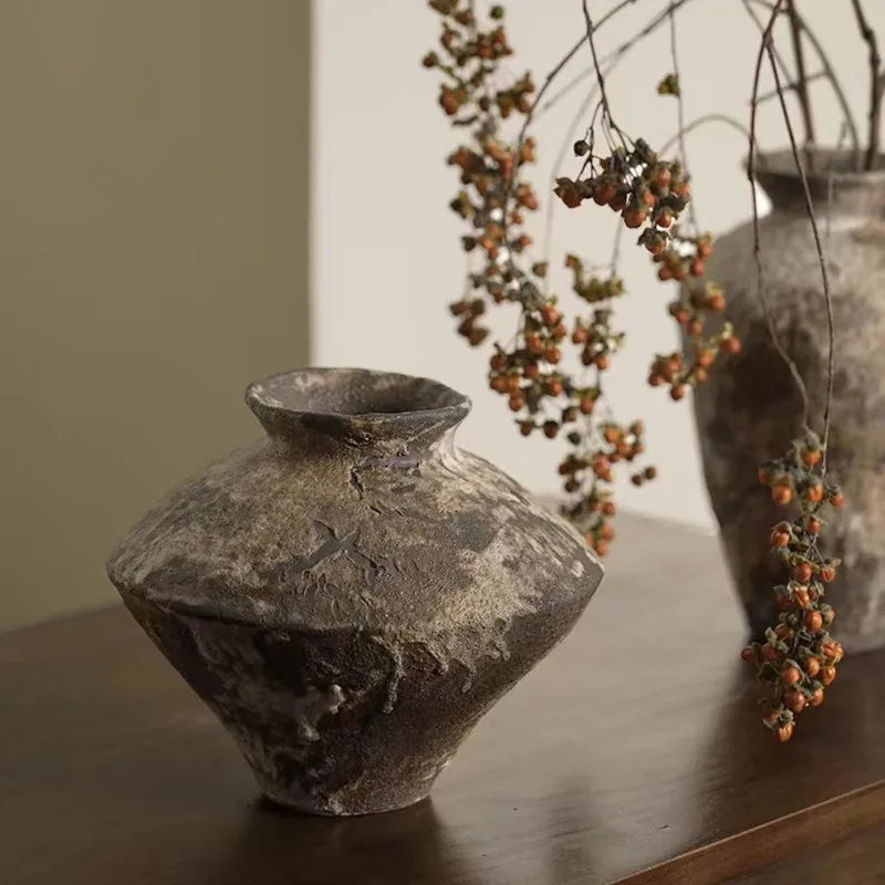 Handmade Coarse Ceramic Vase for Living Room & Tabletop | Wabi-Sabi Zen Flower Vase for Dried Flowers | Retro Pottery Decor, 12 Styles