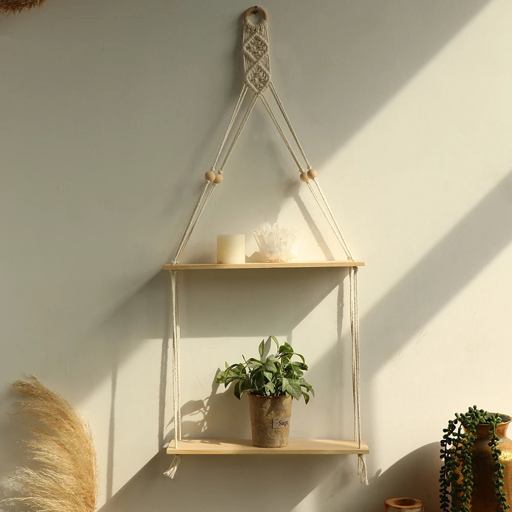 Macrame Hanging Wall Shelf for Bedroom, Bathroom & Living Room | 2-Tier Pine Wood Floating Shelves | Boho Wall Decor, 2 Designs