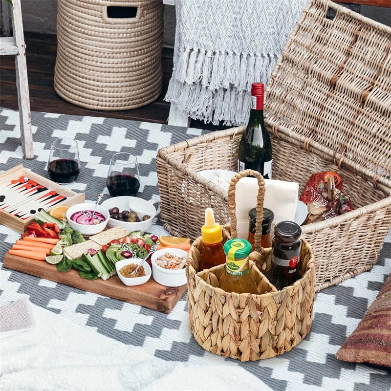 Handwoven Rattan Cutlery Holder & Storage Basket | Water Hyacinth Wicker Flatware Organiser, Round Storage Box for Kitchen & Dining Table