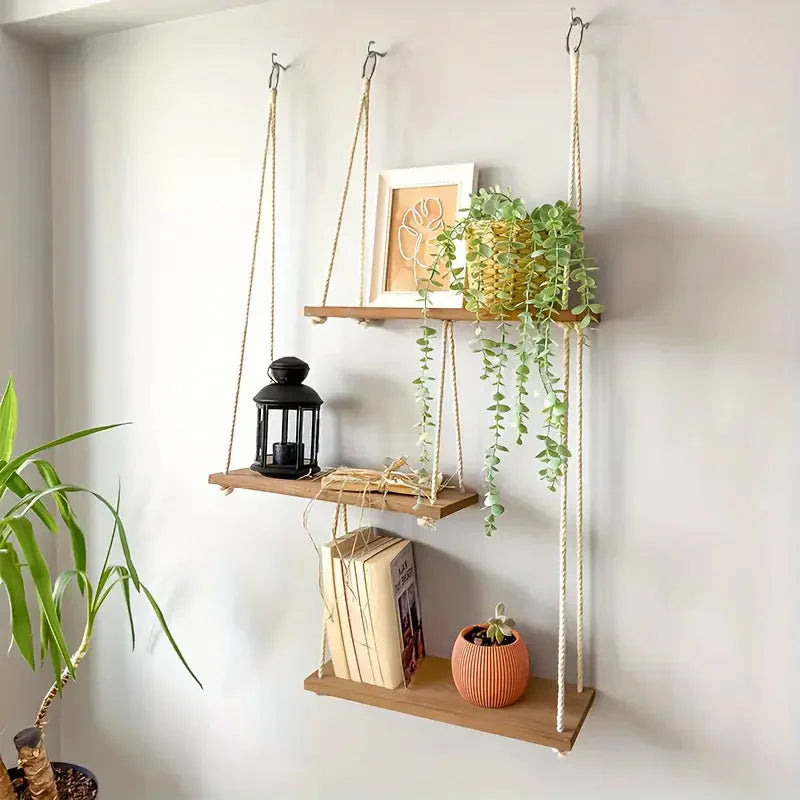 Rope Hanging Wooden Wall Shelf for Bathroom & Bedroom | Small Floating Plant Shelf & Display Rack | Minimalist Boho Storage Organiser