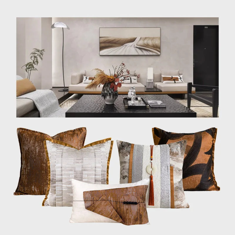 Wabi-Sabi Patchwork Throw Pillow Cover for Living Room & Bedroom | Earth Tone Textured Cushion | Minimalist Bedroom Decor