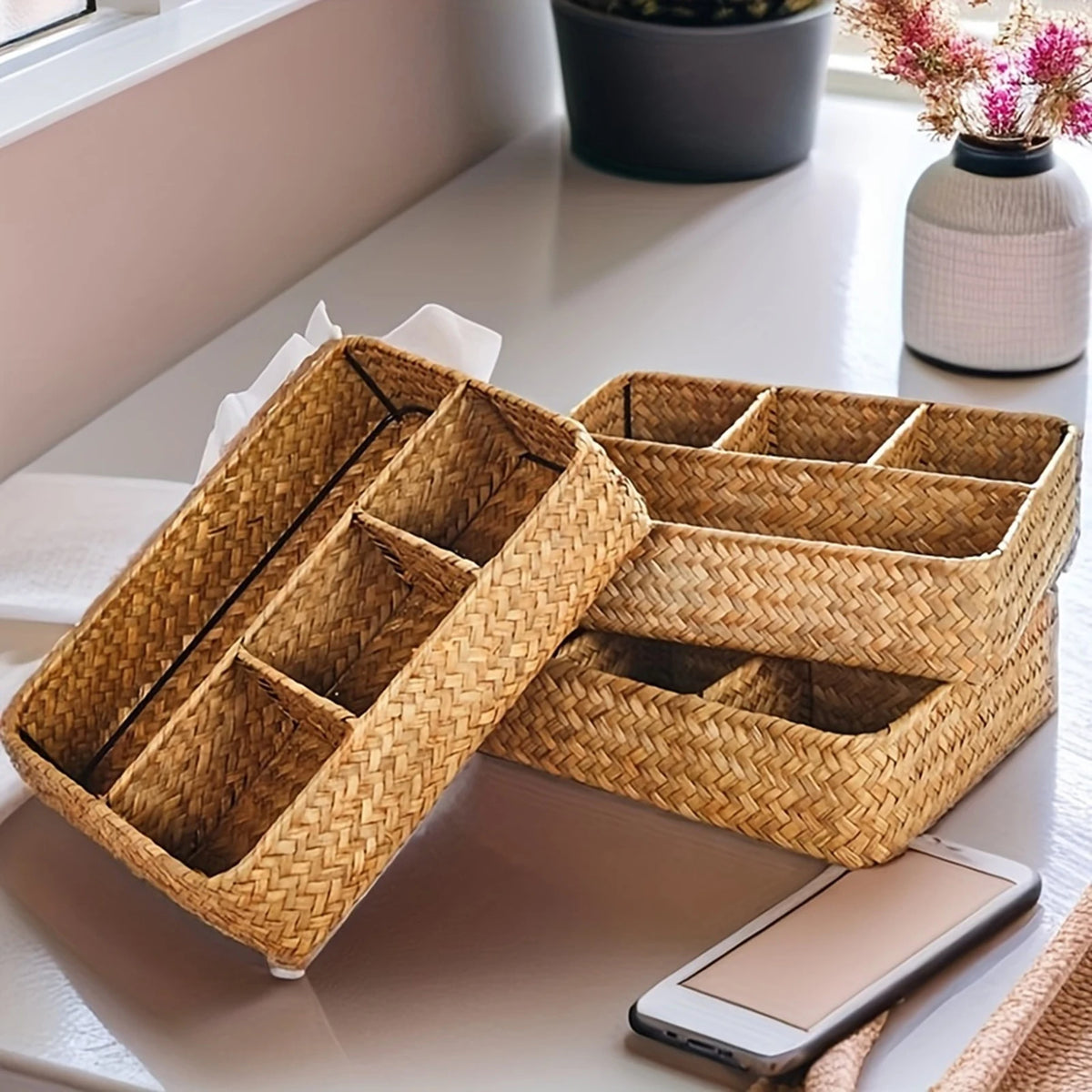 Seagrass Storage Basket with 4 Compartments for Desk, Vanity & Bathroom Counter | Handwoven Wicker Organiser | Eco-Friendly Storage