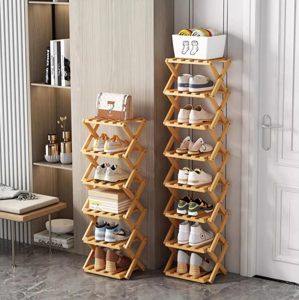 Bamboo Shoe Rack for Entryway, Closet & Hallway | Foldable Vertical Shoe Storage with No Assembly Needed | 2 to 9 Tiers in Natural or Brown