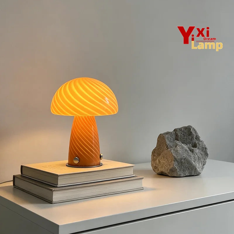 Murano-Style Glass Mushroom Lamp for Bedside & Living Room | Mid-Century Retro Table Lamp | Dimmable Plug-in LED, Swirl or Solid Designs