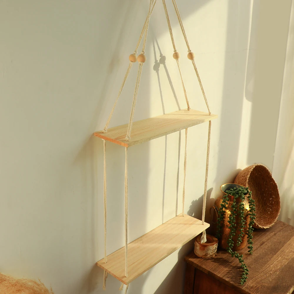 Macrame Hanging Wall Shelf for Bedroom, Bathroom & Living Room | 2-Tier Pine Wood Floating Shelves | Boho Wall Decor, 2 Designs