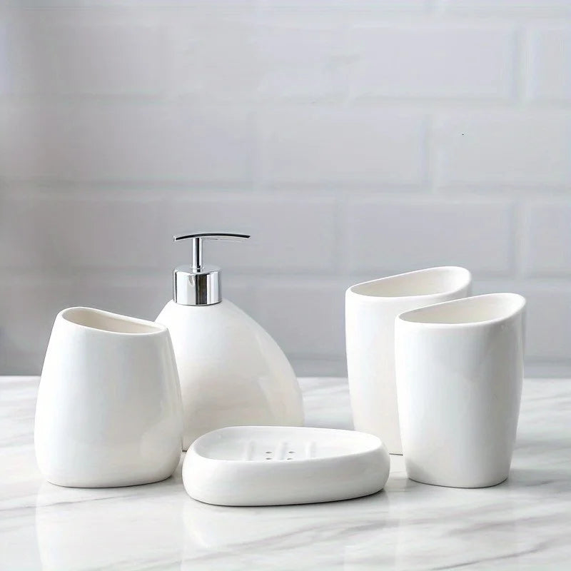 Ceramic Bathroom Accessories Set for Vanity & Bathroom Counter | Soap Dispenser, Tumbler, Toothbrush Holder & Soap Dish | 4 or 5 Pieces in White, Silver or Gold