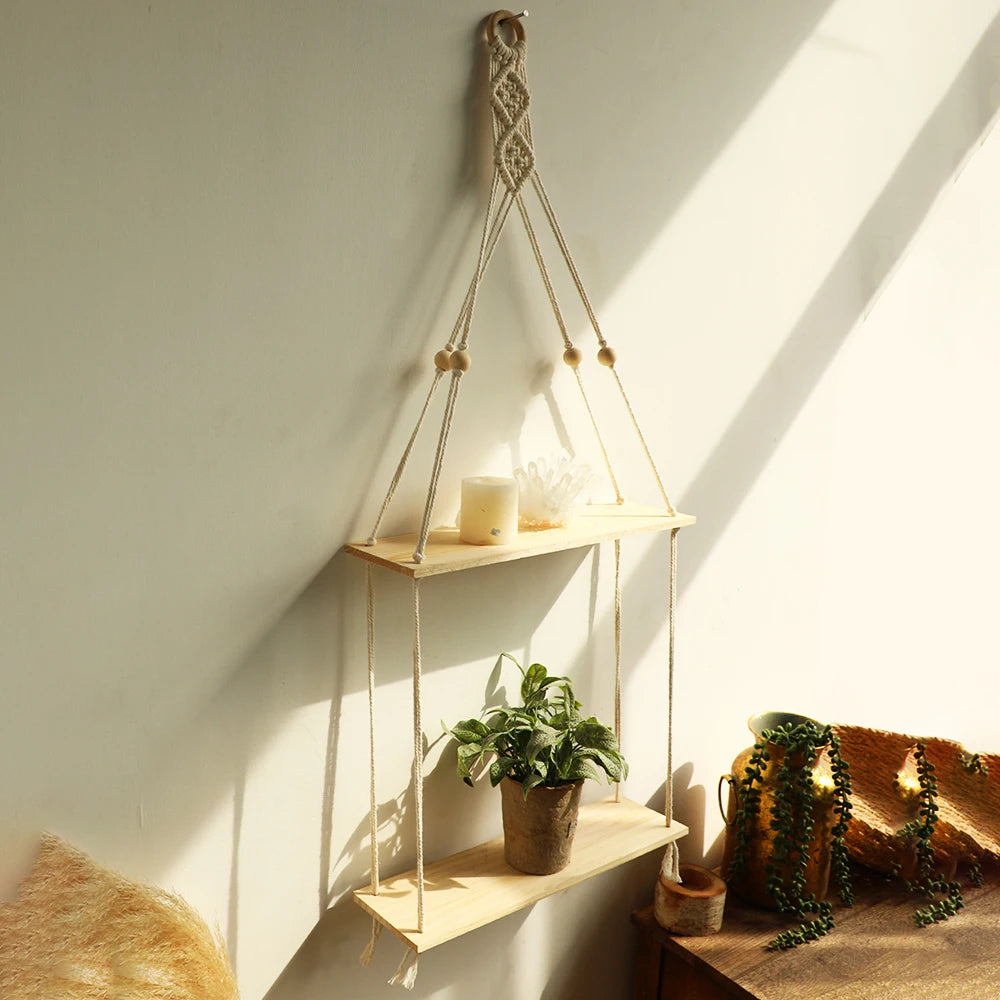 Macrame Hanging Wall Shelf for Bedroom, Bathroom & Living Room | 2-Tier Pine Wood Floating Shelves | Boho Wall Decor, 2 Designs