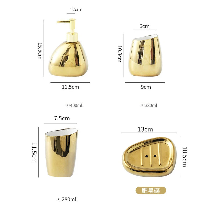 Ceramic Bathroom Accessories Set for Vanity & Bathroom Counter | Soap Dispenser, Tumbler, Toothbrush Holder & Soap Dish | 4 or 5 Pieces in White, Silver or Gold