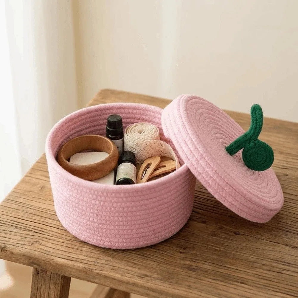 Small Cotton Rope Basket with Lid for Desk, Shelf & Bathroom | Hand-Woven Round Storage Basket | Colourful Lidded Organiser, 20x14cm